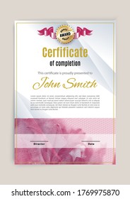 Official white certificate with pink realistic lilies photo. Modern blank with gold emblem. Vector illustration.