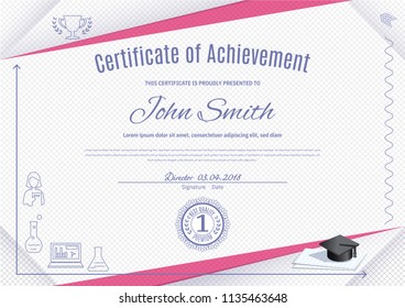 Official white certificate with pink triangles and thin education icons, graduatioin cap, cup. Clean modern design.. Afstract background. Sheets in a cage