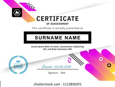 Official white certificate with pink yellow gradient design elements, mountain logo. Business clean modern design