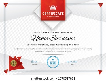 Official white certificate with red triangle design elements, crown. Business clean modern design. Triangle elements
