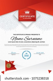 Official white certificate with red triangle design elements, crown. Business clean modern design. Triangle elements