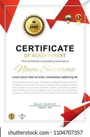Official white certificate with red triangle design elements, Gold emblems, crown. Business clean modern design. Triangle elements