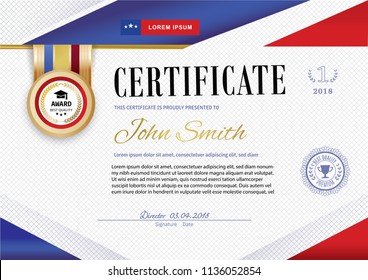Official white certificate with red violet ribbons and education design elements, graduatioin cap, cup. Clean modern design.. Afstract background. Sheet in a cage. Colors of American flag and stars