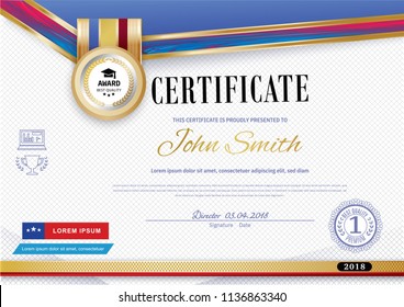 Official white certificate with red violet ribbons and education design elements, graduatioin cap, cup. Clean modern design.. Afstract background. Sheet in a cage. Colors of American flag and stars
