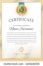 Official white certificate with vintage modern gold border and gold emblem. Business modern design.