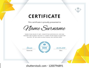 Official white certificate with yellow triangle design elements. Business clean modern design