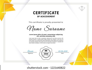 Official white certificate with yellow triangle design elements. Business clean modern design