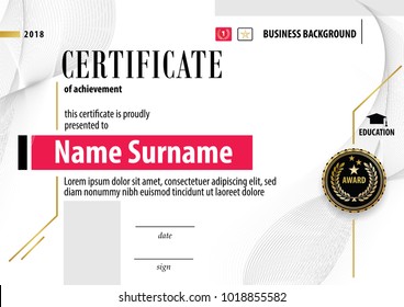 Official white modern certificate with abstract grey red gold design elements. Black emblem 