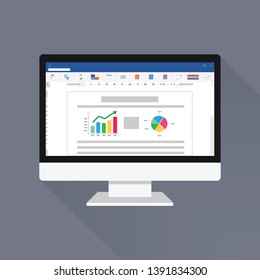 Official word software computer screen with financial accounting data. document database analytical business report with chart and pie graph. audit investigation document. flat vector illustration