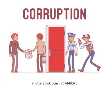 Officials arrested in corruption case. Dishonest and unethical, fraudulent political or businessmen conduct, police ready to catch. Vector line art business illustration