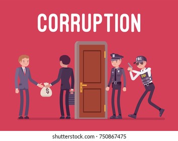 Officials arrested in corruption case. Police ready to disclose the act of giving money, bribery for dishonest business authority. Vector flat style cartoon illustration isolated on red background