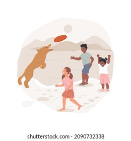 Off-leash Playing Isolated Cartoon Vector Illustration. Kid Throwing A Frisbee To A Dog, Catching Flying Toy, Running Off-leash, Family Walking With Pet At The Beach, Having Fun Cartoon Vector.