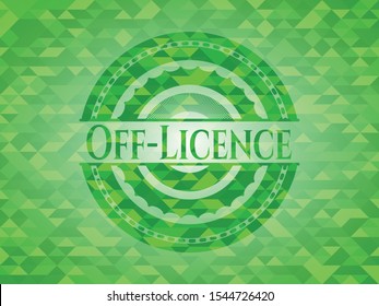 Off-Licence green emblem with triangle mosaic background. Vector Illustration. Detailed.