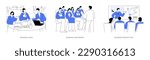 Offline business events abstract concept vector illustration set. Company workers at business lunch, conference event in office, marketing strategies discussion and presentation abstract metaphor.
