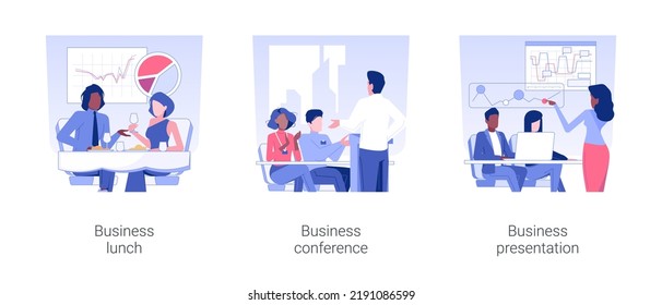 Offline business events isolated concept vector illustration set. Company workers at business lunch, conference event in office, marketing strategies discussion and presentation vector cartoon.