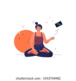 Offline concept. Meditating woman sits in lotus asana position, turning off her smartphone. Informational digital detox, relax practice. Vector character illustration isolated on white background