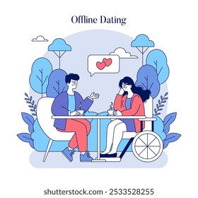 Offline Dating concept. Couple enjoying a conversation over coffee in a tranquil outdoor setting with nature elements. Romantic encounter and relationship building. Vector illustration.