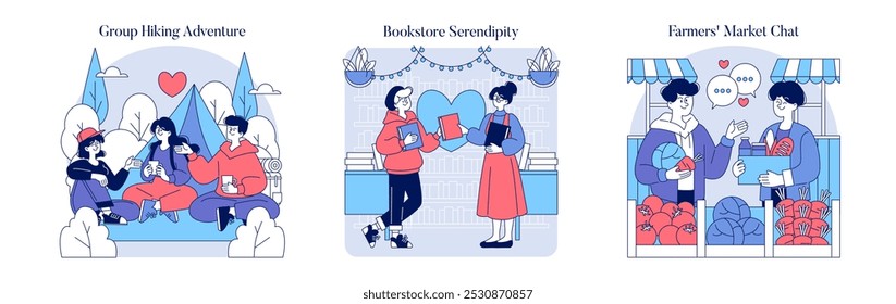 Encontro Offline definido. Encontros na natureza, livrarias e mercados. Romance floresce em ambientes casuais. Conexões orgânicas fora de esferas digitais. Ilustração vetorial.