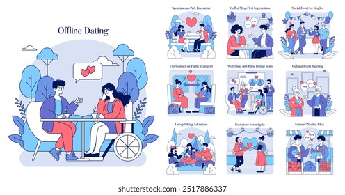 Offline Dating set. Exploring romantic connections in various settings from caf s to cultural events. Casual encounters, skill workshops, and social gatherings fueling serendipity. Vector illustration