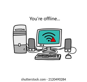 An offline desktop PC with wi-fi symbol and exclamation mark, no internet connection concept, isolated on white background.