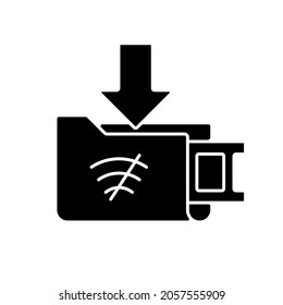 Offline downloads black glyph icon. Free movies download for offline viewing. Watching movies without internet connection. Silhouette symbol on white space. Vector isolated illustration
