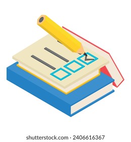 Offline election icon isometric vector. Ballot with checkmark and stack of book. Vote, referendum, election concept