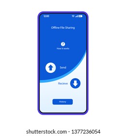 Offline file sharing smartphone interface vector template. Mobile app page blue design layout. File, media transfer screen. Flat UI for application. Data storage, receiving, exchange. Phone display