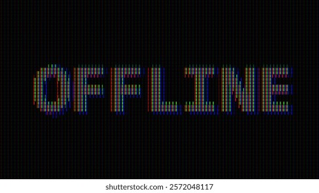 OFFLINE Glitched Word. Led Panel or Monitor Macro Cyberpunk Style Banner. LED Neon Tech Glitch Background. Design Element for Tech Cyber Security Event. Vector Illustration.