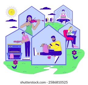 Offline hobbies at home 2D illustration concept. Digital detox. Relaxing activities. Indoor lifestyle. People leisure cartoon characters isolated on white. Metaphor abstract flat vector graphic