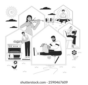 Offline hobbies at home black and white 2D illustration concept. Digital detox. Relaxing activities. Indoor lifestyle. People leisure outline characters isolated. Metaphor monochrome vector art