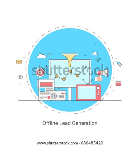 Offline lead generation, offline marketing campaign, conversion flat line vector illustration with icons on blue background