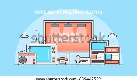 Offline marketing for business branding, tv advertising, pamphlets, telemarketing, radio ads, and billboards vector banner