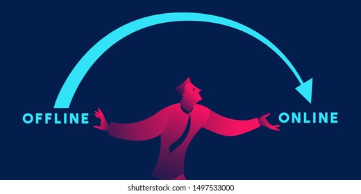 Offline To Online Business Concept Vector Illustration In Red And Blue Neon Gradients