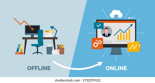 Offline to online business success: use innovative digital tools to improve your work, traditional office desktop changing to a computer desktop