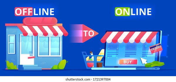 Offline to Online. Commerce Definition banner. Shop on site and shop in real life. Involve Seo Users. flat illustration