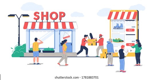 Offline to online commerce vector concept flat style design illustration. O2O retail and electronic commerce business strategy. Potential in-store customers making purchases online.