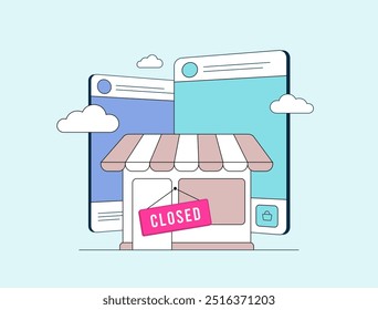 Offline to Online - O2O e-commerce business concept illustration. On the smartphone screen, image of the offline store building, as a metaphor for moving a business from offline to online