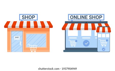 Offline And Online Shop, Payment In Store Choice. Change Business Commerce On E-commerce. Shop In Site Vs Shop In Building. Vector Flat Illustration