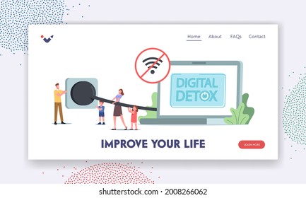 Offline Relax, Digital Detox Landing Page Template. People Turn Off Gadgets and Electronic Devices. Tiny Characters Disconnect Huge Laptop Plug, Exit Social Media Networks. Cartoon Vector Illustration