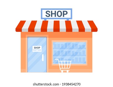 Offline shop building exterior, payment in store. Business commerce. Small shop in house. Vector flat illustration