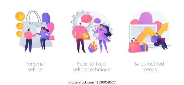 Offline shopping cartoon icons set. Store assistant and buyer character. Personal selling, face-to-face selling technique, sales method trends metaphors. Vector isolated concept metaphor illustrations