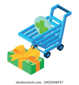 Offline shopping icon isometric vector. Dollar banknote stack and shop cart icon. Business, money, shopping concept