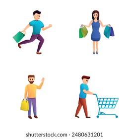 Offline shopping icons set cartoon vector. Man and woman with purchase. Big sale