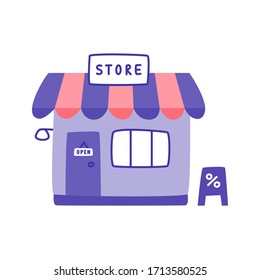Offline store flat vector icon. Hand drawn in trendy doodle style - shop. Colorful illustration Isolated on white background.