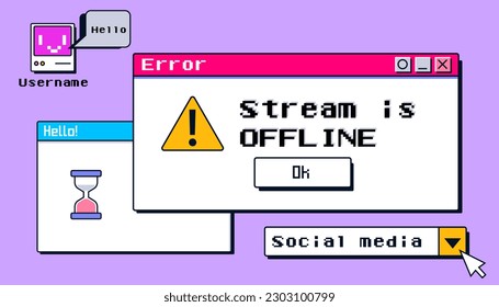 Offline stream y2k banner design. 90s software windows and error message on old computer desktop background with text and retro icons. Esport or online gaming wallpaper layout. Screensaver template