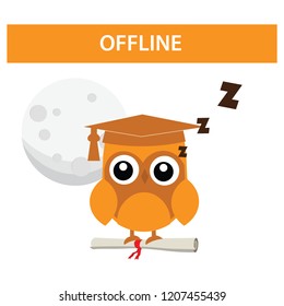 Offline support chat icon Graduation education intelligent owl standing on a certificate diploma paper engineer achievement paper certificate of acceptance moon night