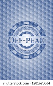 Off-peak blue emblem with geometric background.