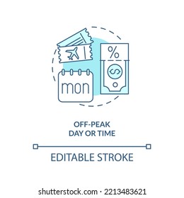 Off-peak flying times turquoise concept icon. Cheapest travel day. Low cost flight abstract idea thin line illustration. Isolated outline drawing. Editable stroke. Arial, Myriad Pro-Bold fonts used