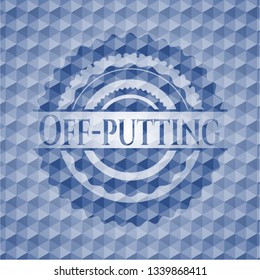 Off-putting blue emblem or badge with geometric pattern background.