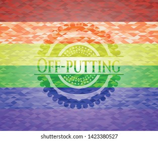 Off-putting emblem on mosaic background with the colors of the LGBT flag